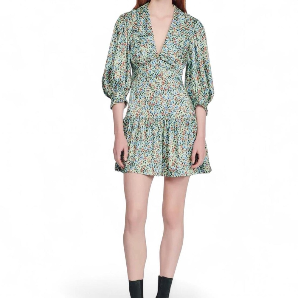 Sandro Green Eilat 100% Silk Floral Mini Dress Womens SIze 38